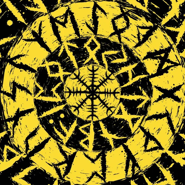 Stará Runová Písmena Tvoří Kruhový Rámec Žluté Černé Grunge Inkoust — Stockový vektor
