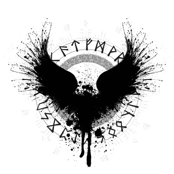 Silhouette Ailes Oiseau Grunge Noir Avec Symbole Viking Isolé Sur — Image vectorielle