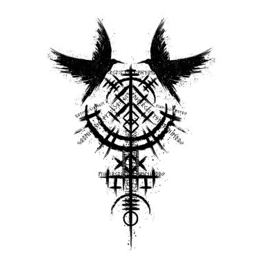 Beyaz arka planda mürekkep lekesi olan siyah grunge kuzgunu kuş siluetleri. Norveç viking valhalla vegvisir rün sembolü