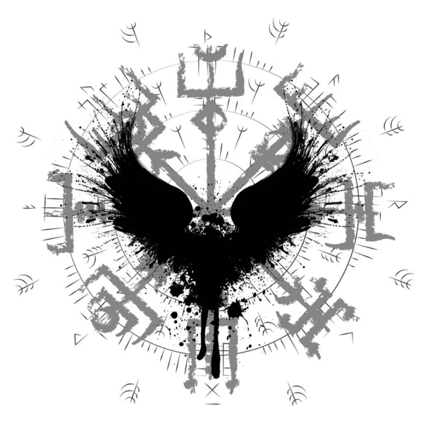 Силуэт Ворона Чернилами Выделенный Белом Фоне Символ Вегетарианской Руны Викингов — стоковый вектор