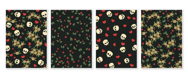 Conjunto Quatro Cartazes Vintage Com Crânios Rosa Flores Formas Coração — Vetor de Stock