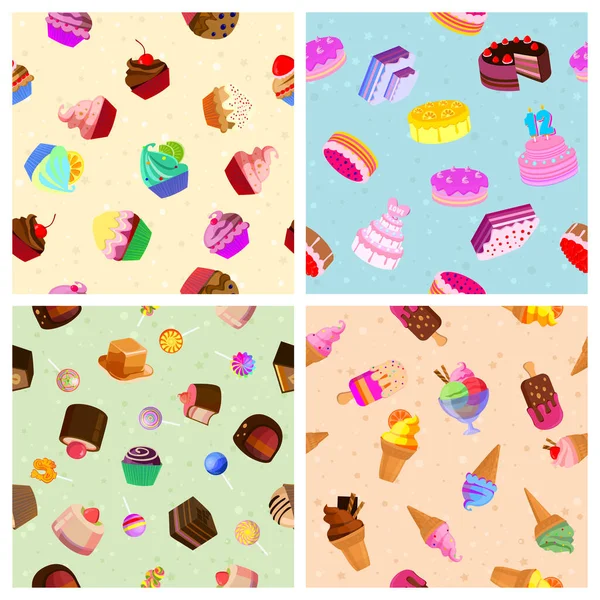 Ensemble Quatre Différents Milieux Bonbons Gâteaux Cupcakes Glaces Bonbons Fonds — Image vectorielle