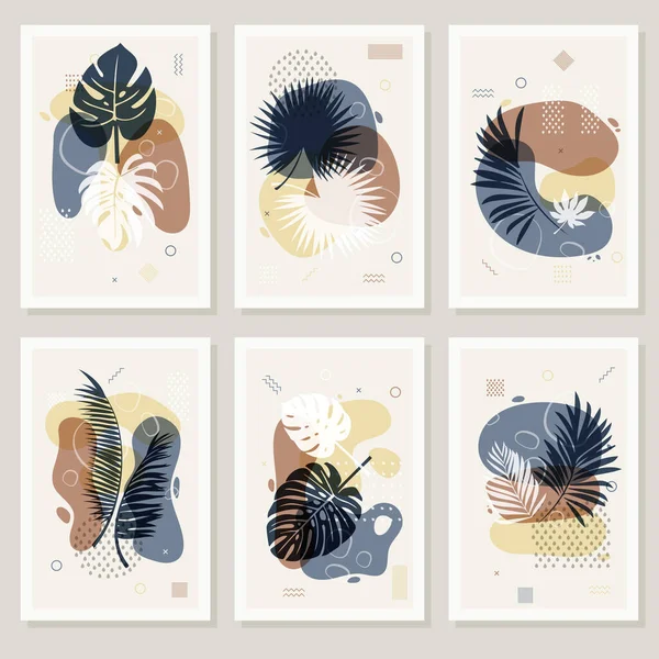 Conjunto Seis Carteles Modernos Abstractos Con Figuras Geométricas Hojas Palma — Vector de stock