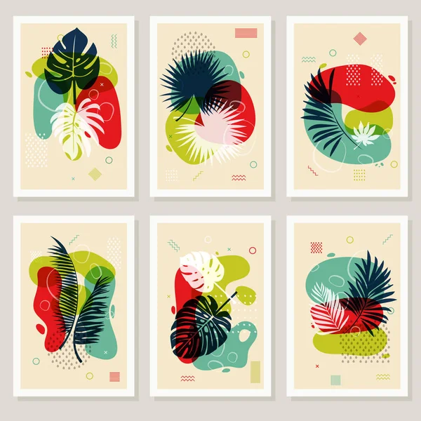 Set Sei Poster Astratti Moderni Con Figure Geometriche Foglie Palma — Vettoriale Stock