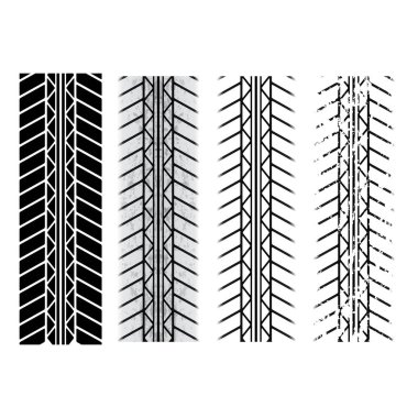 Beyaz arka planda farklı grunge dokuları olan dört lastik izi.