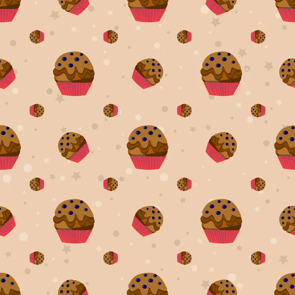Brown Colour Seamless Background Cupcake Pattern Sweets Cartoon Wallpaper Different — Vetor de Stock
