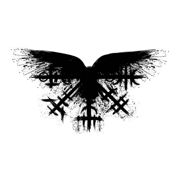 White Background Ink Blots Raven Silhouette Abstract Black Brushed Symbol — Archivo Imágenes Vectoriales