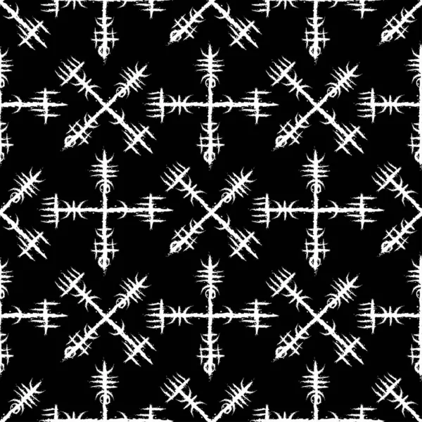 Old Runic White Symbols Pattern Isolated Black Background Grunge Ink — Vettoriale Stock