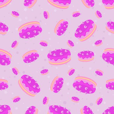 Pink colour seamless background with cake pattern. Sweets cartoon wallpaper for different wrapping paper prints. Textile texture for children party
