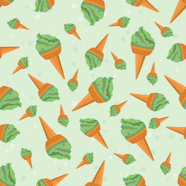 Green Colour Seamless Background Ice Cream Pattern Sweets Cartoon Wallpaper — Stok Vektör