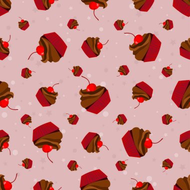 Cherry seamless background with cupcake pattern. Sweets cartoon wallpaper for different wrapping paper prints. Textile texture for children party