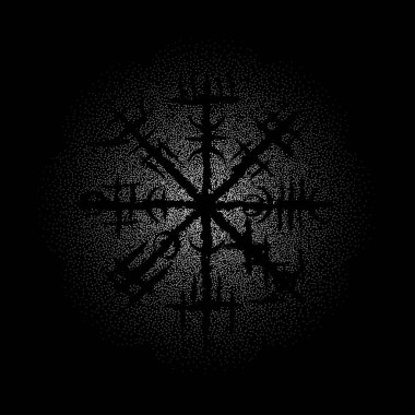Black background with white dots and abstract black brushed symbol. Old norse viking mythology wallpaper with rune symbol. Tattoo sample pattern design