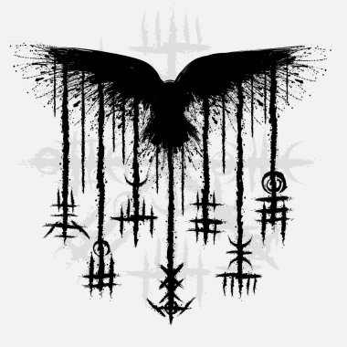 Mürekkep lekeli beyaz grunge arka plan ve soyut siyah fırçalı sembol. Rün sembollü eski İskandinav Viking mitolojisi duvar kağıdı. Dövme örnek desen tasarımı