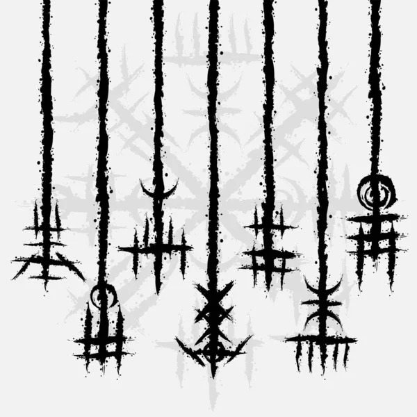 インクブロックと抽象的な黒のブラシ付きのシンボルと白の背景 ルーン文字の古い北欧のバイキング神話の壁紙 タトゥーサンプルパターンデザイン — ストックベクタ