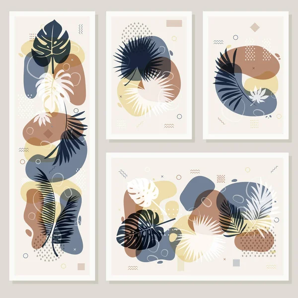 Set Abstract Modern Posters Geometric Figures Palm Leaves Trendy Minimal — Stock vektor
