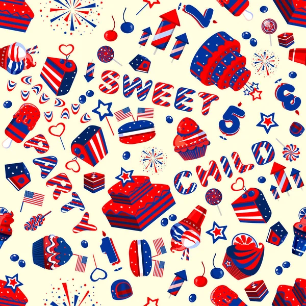 Seamless Sweets Pattern Wallpaper Different Candies Cupcakes Cakes Usa Colour — Stok Vektör