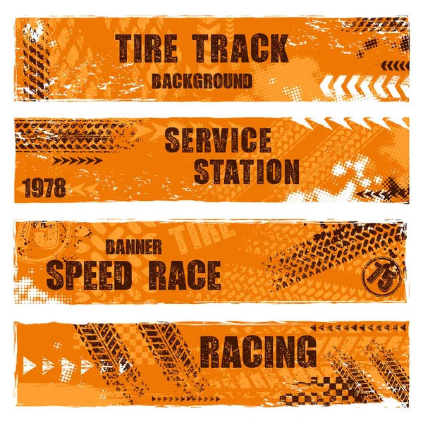 Set Four Orange Grunge Banners Different Tire Track Marks Sample — Vector de stock