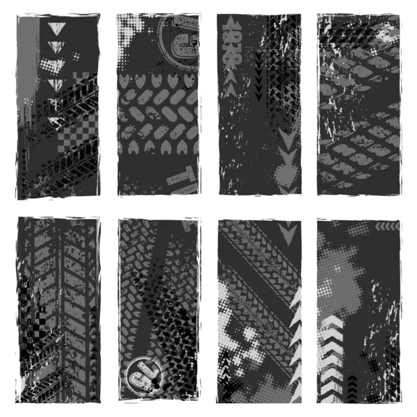 Set Four Grey Grunge Banners Different Tire Track Marks Sample — Archivo Imágenes Vectoriales