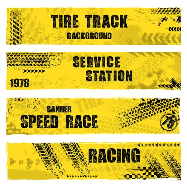 Set Four Yellow Grunge Banners Different Tire Track Marks Sample — Vector de stock