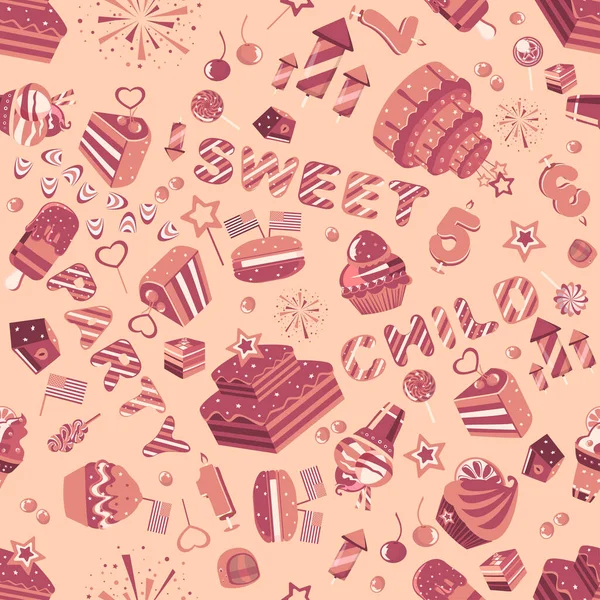 Seamless Sweets Pattern Wallpaper Different Candies Cupcakes Cakes Pink Colour — Stock vektor