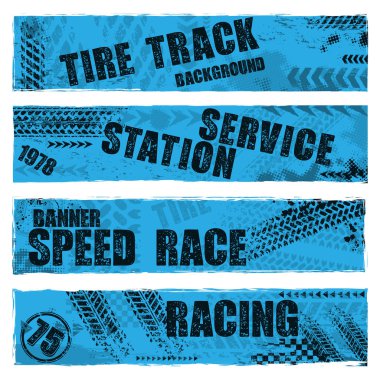 Set of four blue grunge banners with different tire track marks and sample text. Custom made transportation design elements for defferent sport competitions and invitations