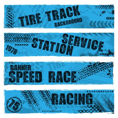 Set of four blue grunge banners with different tire track marks and sample text. Custom made transportation design elements for defferent sport competitions and invitations clipart