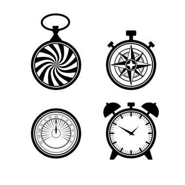 Black old pocket watch and alarm clock, wind rose, sundial silhouettes isolated on white background