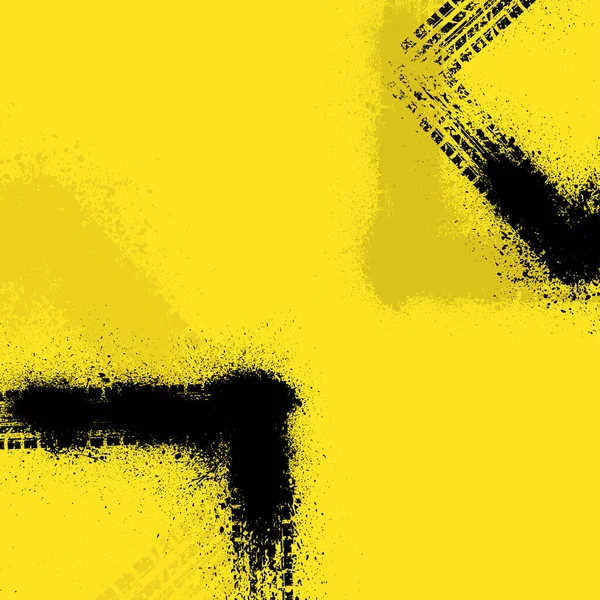 Yellow Background Black Tire Track Frames Ink Blots Corners — Stockvector