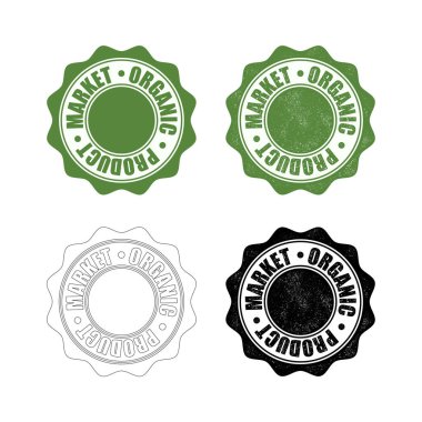 Set of four green and black, solid and outline natural eco seals. Grunge healthy and ecology label stickers isolated on white background