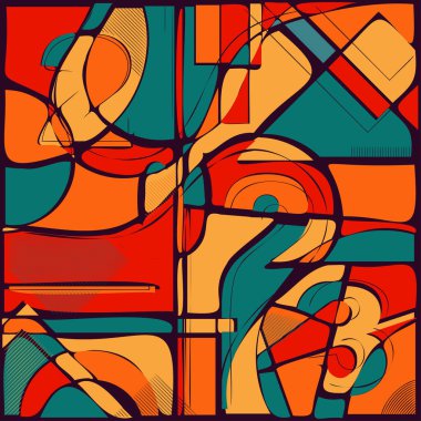 Red and marine colour 2023 year linear background with different geometric shape elements. Modern graphic pattern illustration template