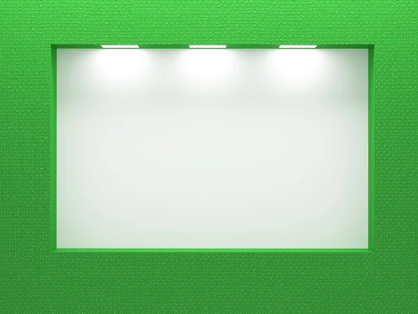 Escaparate iluminado vacío en la pared verde . —  Fotos de Stock