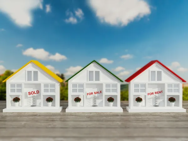 Três pequenas casas brancas para venda, aluguel . — Fotografia de Stock