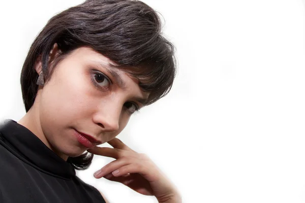 Menina morena em um fundo branco. retrato — Fotografia de Stock