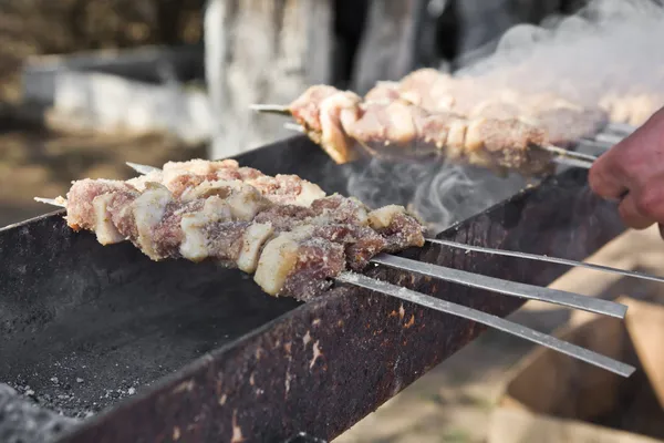 Los trozos jugosos de la carne con la salsa preparan a fuego —  Fotos de Stock