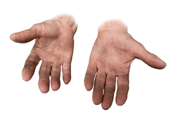 Mãos sujas de sua avó em um fundo branco — Fotografia de Stock
