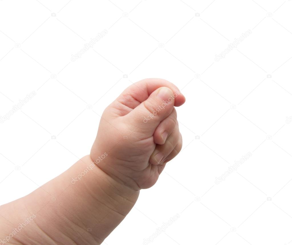 new born baby hand on white fabric background