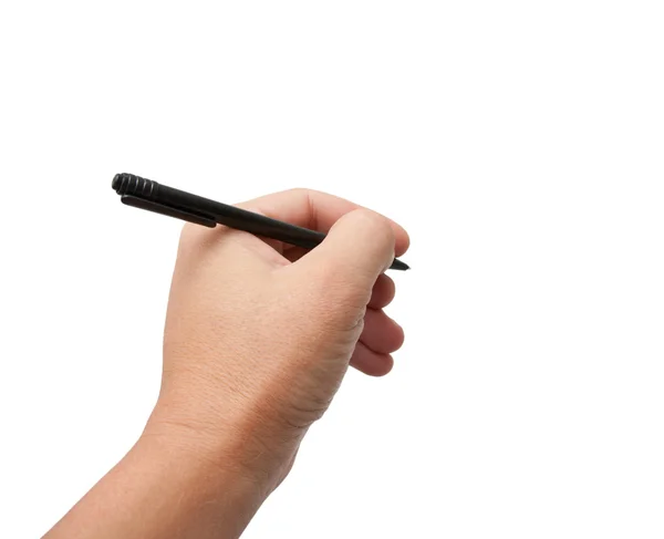 Penna nera in mano su sfondo bianco — Foto Stock