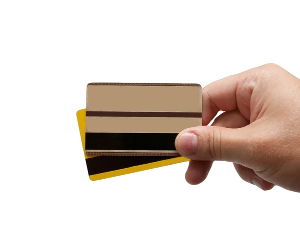 Twee creditcards in hand geïsoleerd op witte achtergrond — Stockfoto