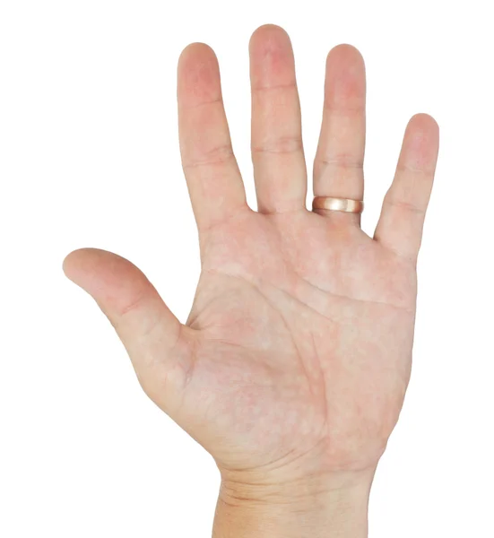 Hand mit einem Männerring auf weißem Hintergrund — Stockfoto