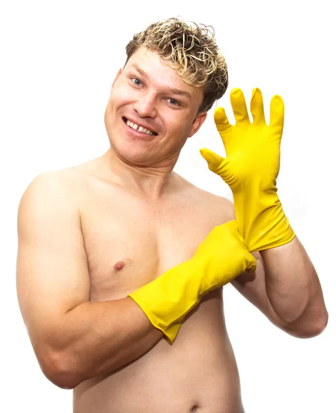 Άνθρωπος στα κίτρινα λαστιχένια γάντια σε άσπρο φόντο — Φωτογραφία Αρχείου