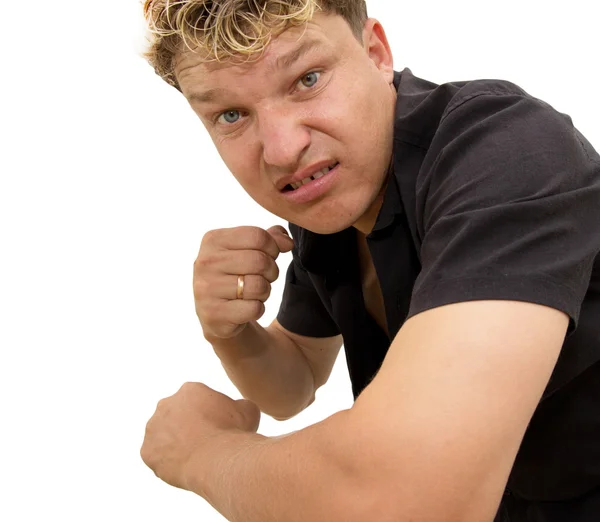Homem mostrando seu punho em um fundo branco — Fotografia de Stock