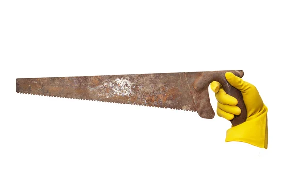 Saw a yellow rubber gloves on white background — Stock Photo, Image