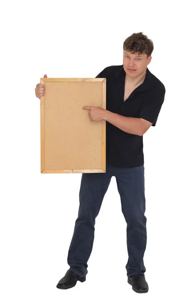 A man with a wooden sign on a white background — Stock Photo, Image