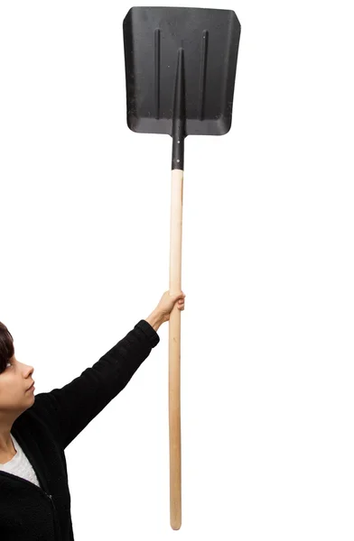 Shovel in hand girls on white background — Stock Photo, Image