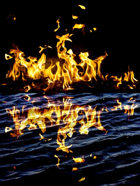 Flammenfeuer mit Reflexion im Wasser — Stockfoto