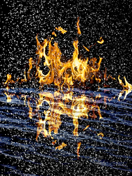 Snow on the fire background with reflection on water — Stock Photo, Image