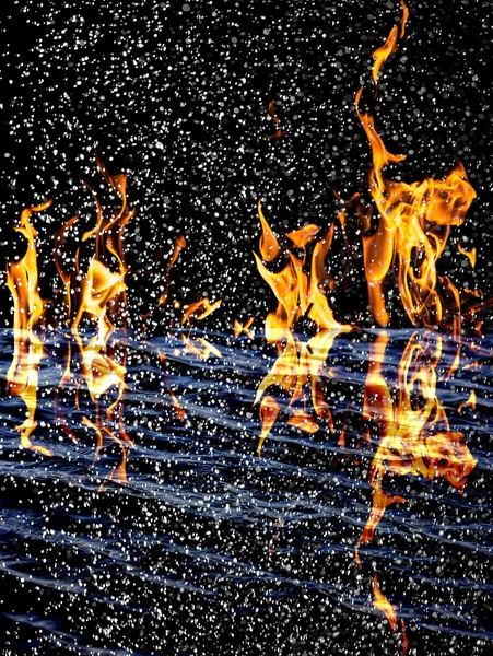 Snow on the fire background with reflection on water — Stock Photo, Image