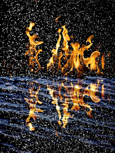 Snow on the fire background with reflection on water — Stock Photo, Image