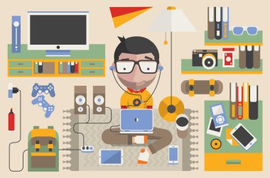 Vector geek surrounded by technology clipart