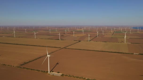 Flygfoto över vindturbinerna i fält — Stockvideo